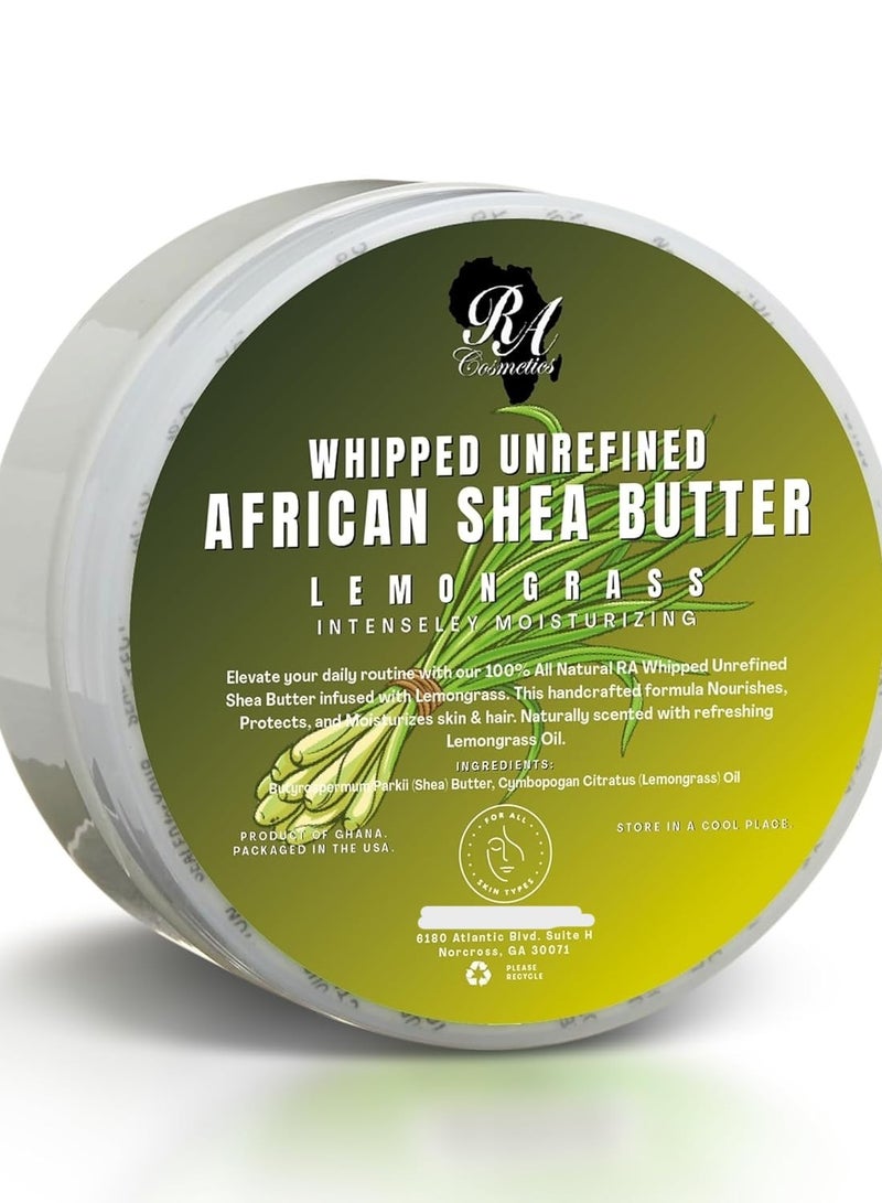 RA COSMETICS Whipped Shea Butter Lemongrass - 100% Pure and Natural African Shea Butter - Ultimate Handcrafted Moisturizer with Essential Vitamins for Radiant Skin and Luscious Hair - 6oz Jar